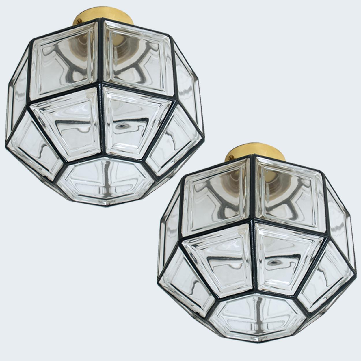 Mid-Century Modern 1 of the 4 Pairs Iron and Clear Glass Flush Mounts by Limburg, 1970 For Sale