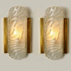 1 of the 4 Pairs Wave Glass and Brass Wall Lights Sconces, by Glashütte, 1960