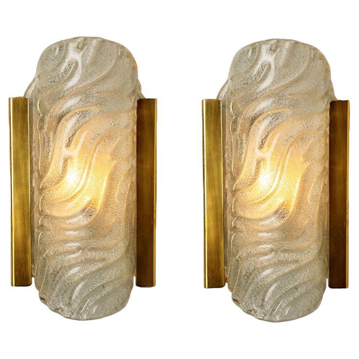 1 of the 4 Pairs Wave Glass and Brass Wall Lights Sconces, by Glashütte, 1960