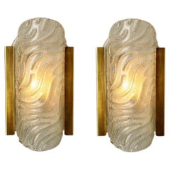 1 of the 4 Pairs Wave Glass and Brass Wall Lights Sconces, by Glashütte, 1960