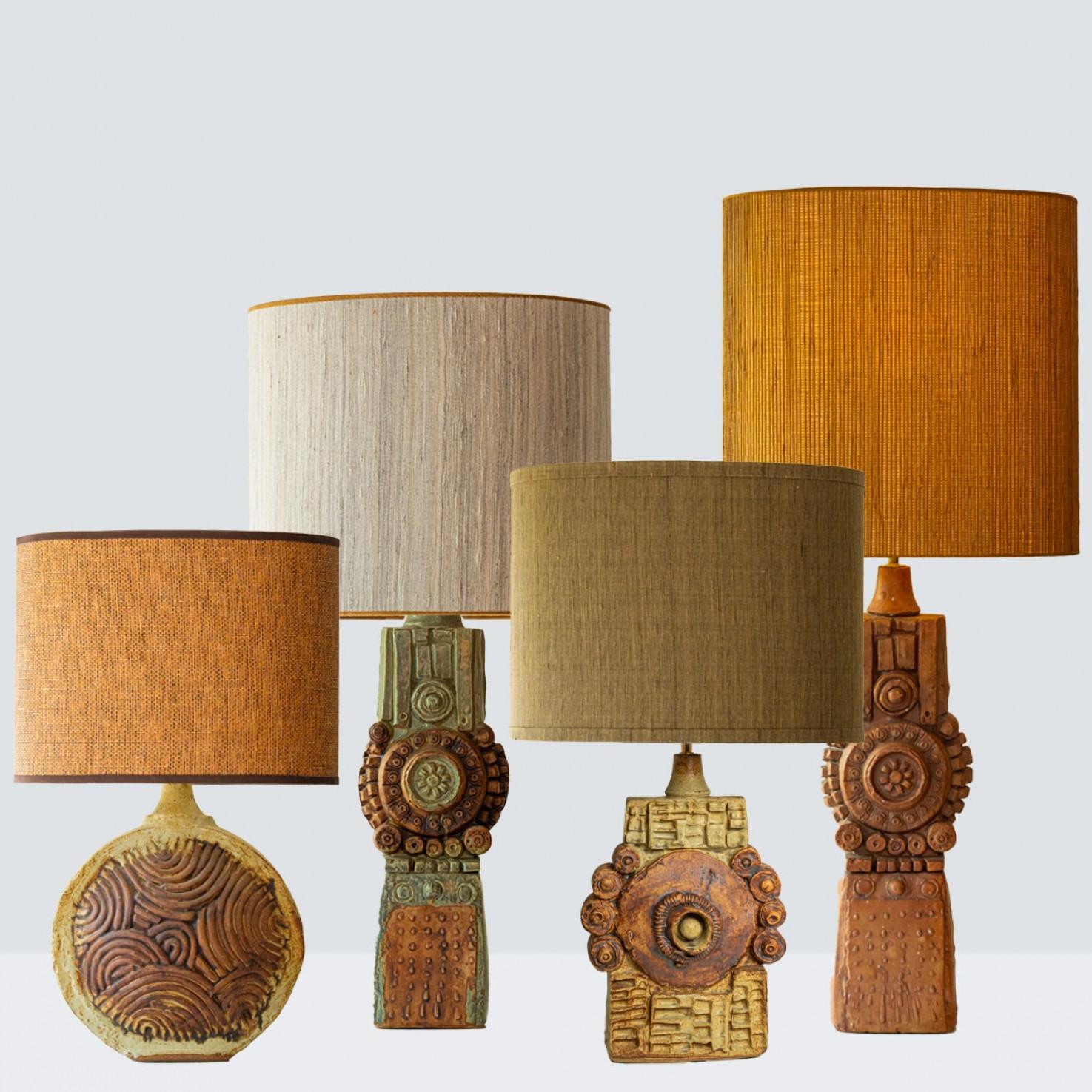 1 of the 4  ceramic table lamps, from Bernard Rooke, UK, 1970s.

This set brings a rich visual appeal to any interior. With its beautiful shapes, it offers a unique presence.

The bases with turquoise, dark brown and terracotta shades fit perfectly