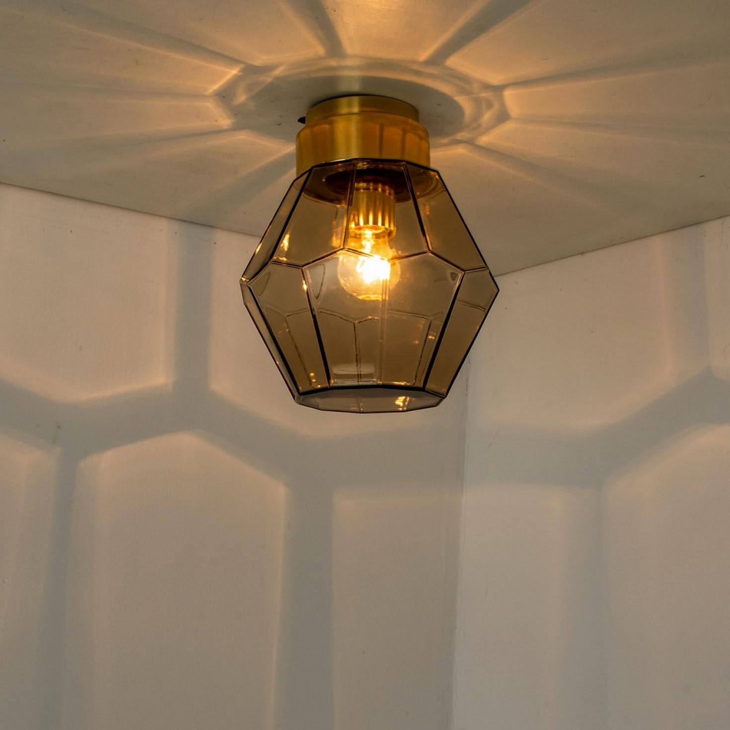 Metal 1 of the 4  Smoked Glass Flush Mount from Glashütte Limburg, 1970s For Sale