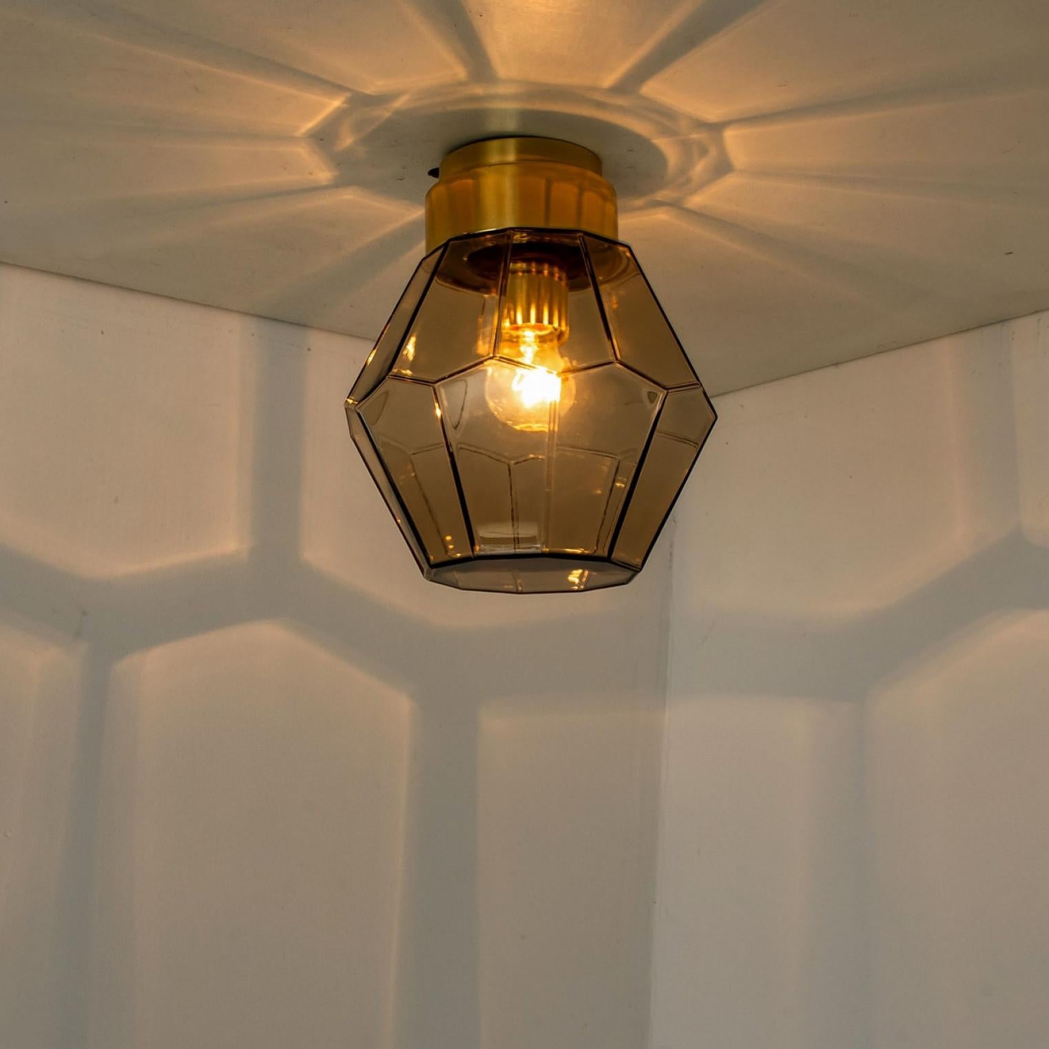 Metal 1 of the 4 Smoked Glass Flush Mount from Glashütte Limburg, 1970s For Sale