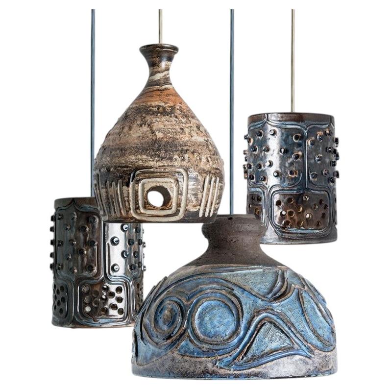 1 of the 4 Stunning Ceramic Brown Blue Pendants, Denmark 1960s