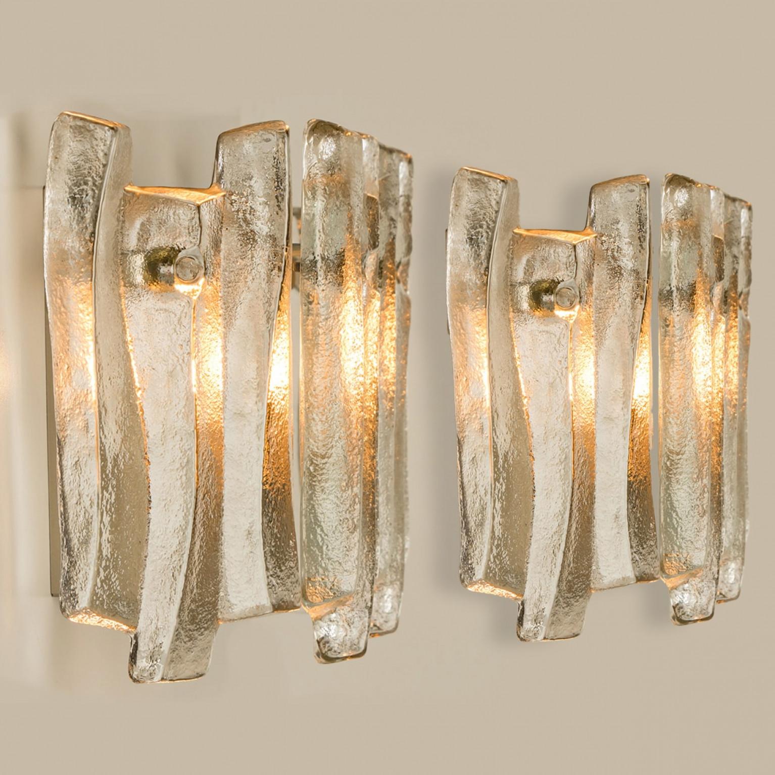 Mid-Century Modern 1 of the 4 Textured Ice Glass Chrome Wall Lights  Kalmar, 1970 For Sale