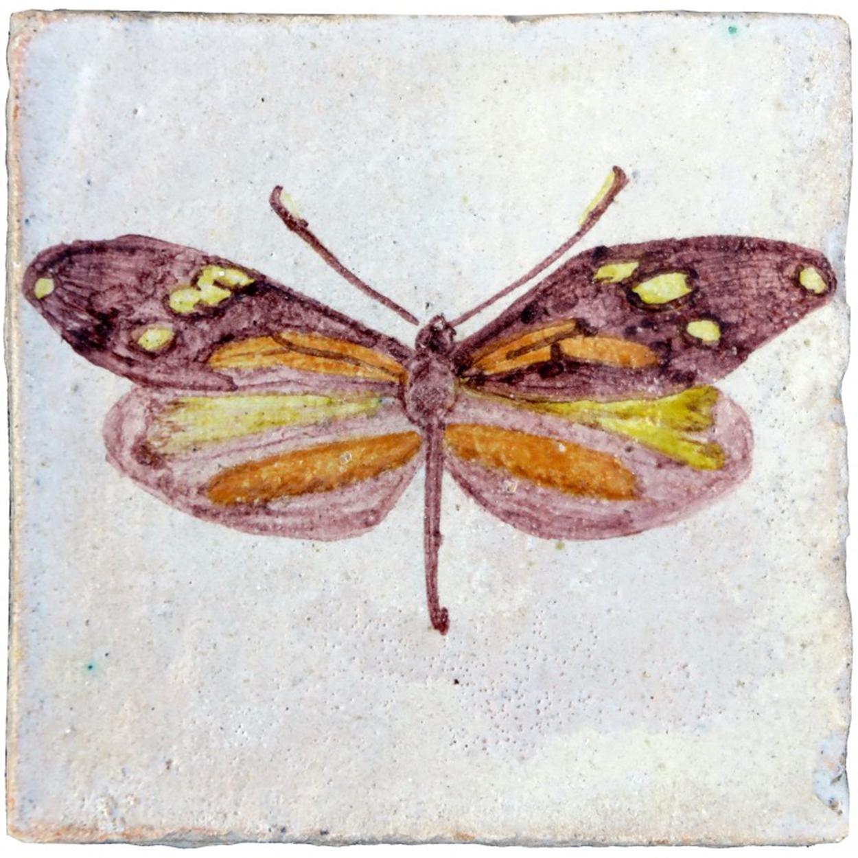 Glazed 1 of the 4 Unique Handmade Majolica Butterfly Tiles Made in Italy