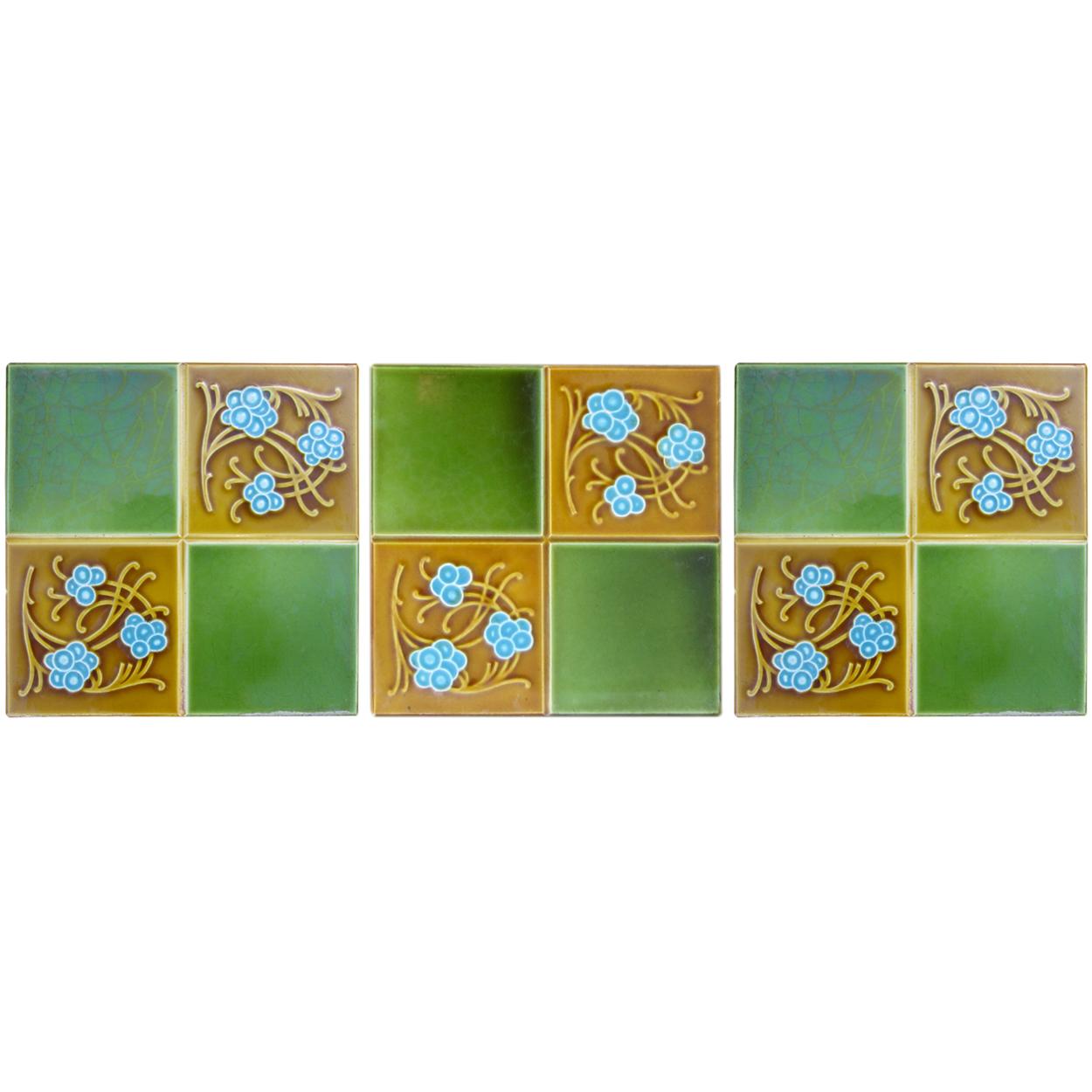 1 of the 40 amazing set handmade tiles in rich brown green and bright blue colors. Each tile is divided into four faces. Manufactured around 1920 by Gilliot Frères, Hemiksem, Belgium.
These tiles would be charming displayed on easels, framed or