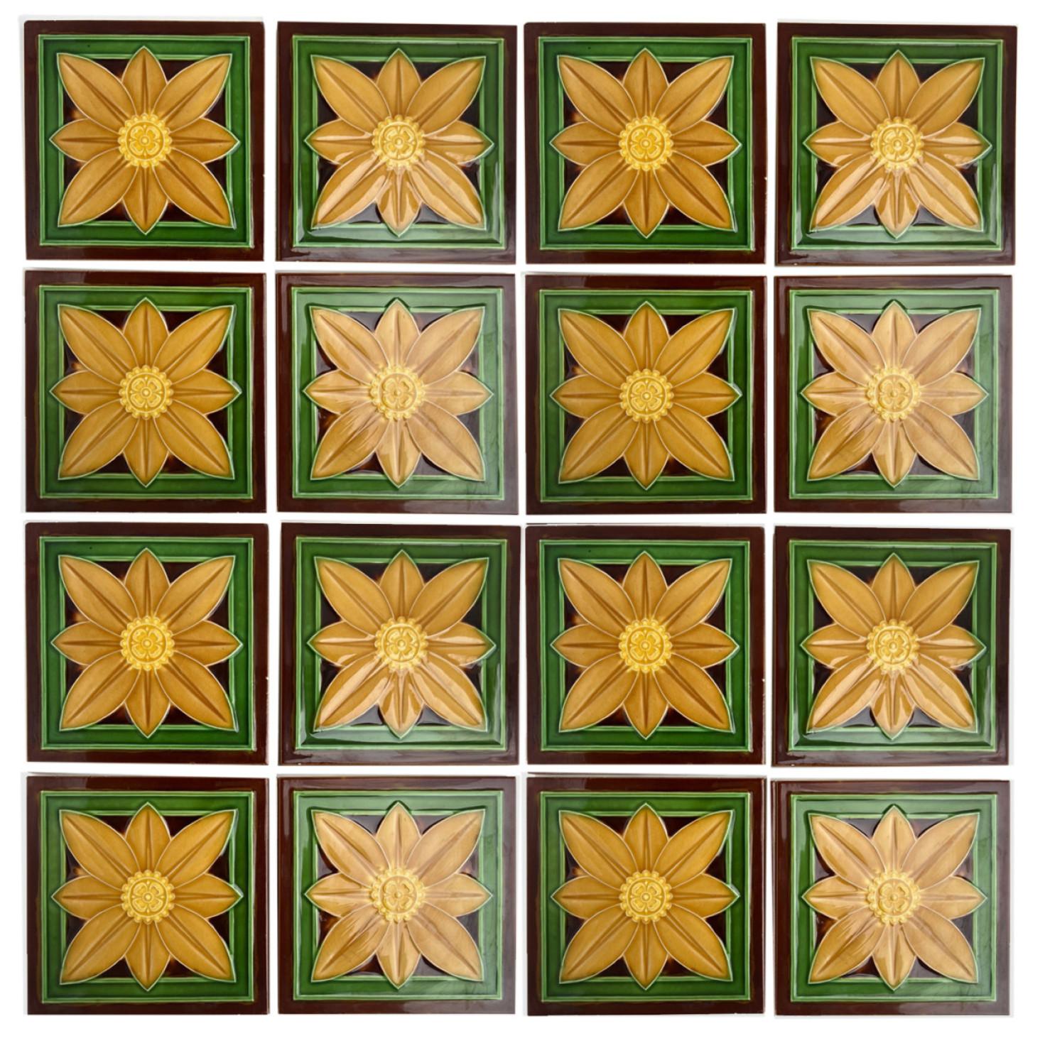 1 of the 40 handmade tiles in rich yellow, green and brown glazed colors. Manufactured around 1920 by Gilliot Hemiksem, Belgium.
These tiles would be charming displayed on easels, framed or incorporated into a custom tile design.

Please note that