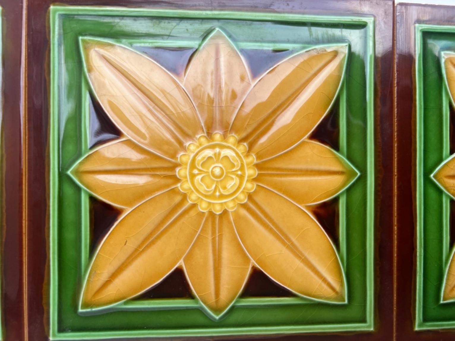 1 of the 40 handmade tiles in rich yellow, green and brown glazed colors. Manufactured around 1920 by Gilliot Hemiksem, Belgium.
These tiles would be charming displayed on easels, framed or incorporated into a custom tile design.

Please note that