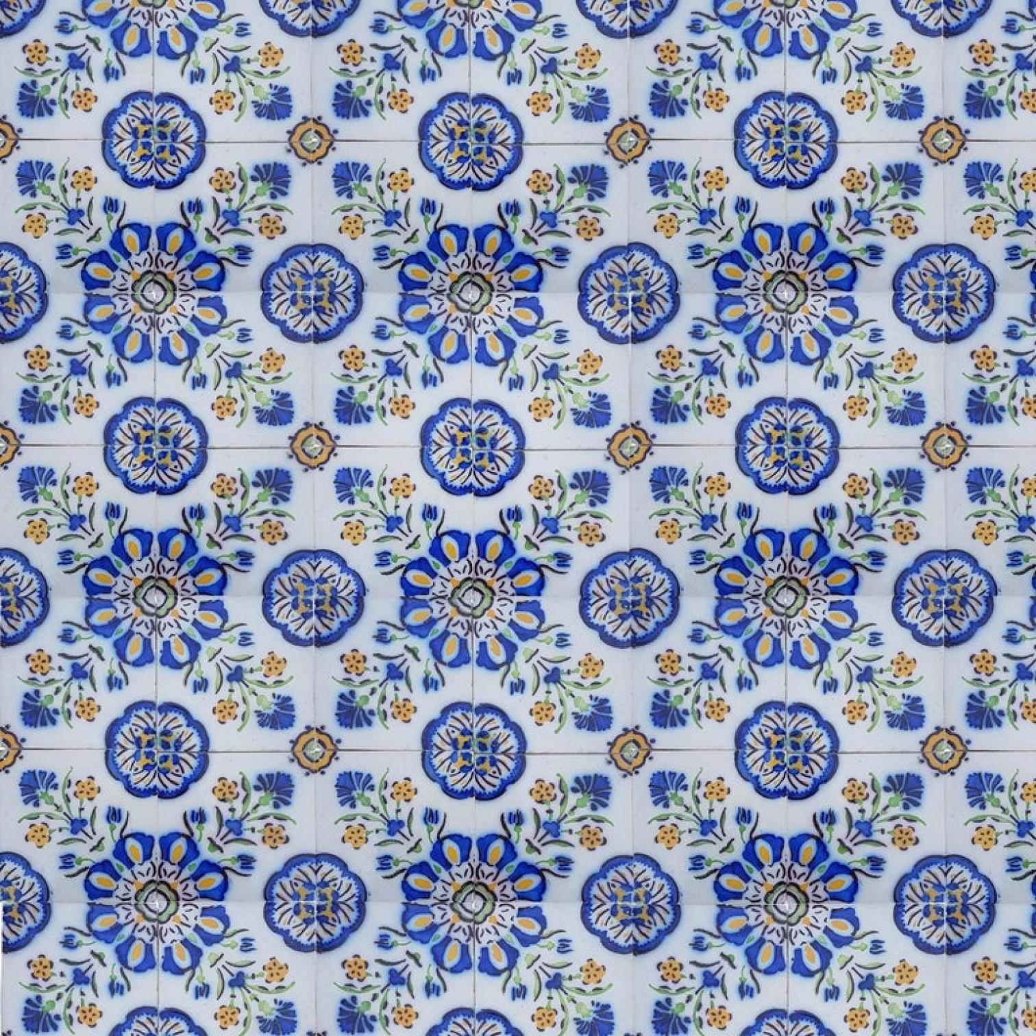This is an amazing and unique set of 410 antique French handmade ceramic tiles. Manufactured by Devres, circa 1910s. Stylized design. Notice that each pattern consists of 4 separate tiles. These tiles would be charming displayed on easels, framed or
