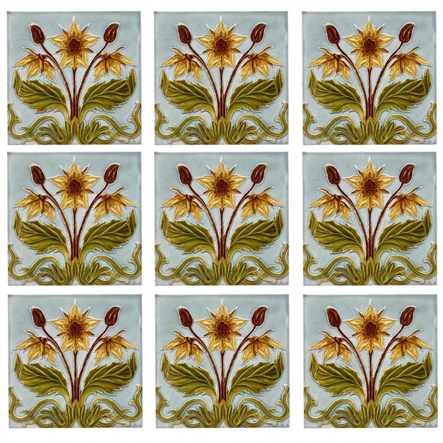 1 of the 44 Blue and Yellow Jugendstil Relief Tiles, circa 1920 For Sale 4