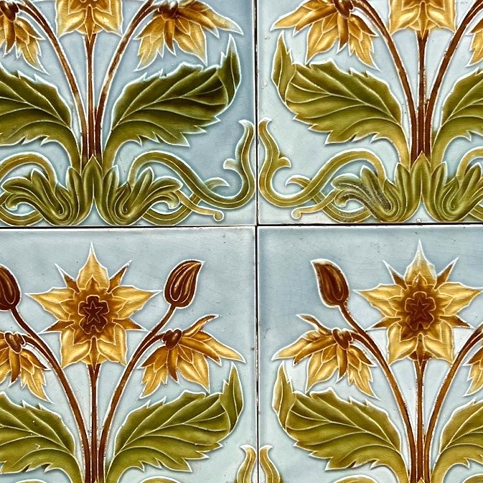 Belgian 1 of the 44 Blue and Yellow Jugendstil Relief Tiles, circa 1920 For Sale
