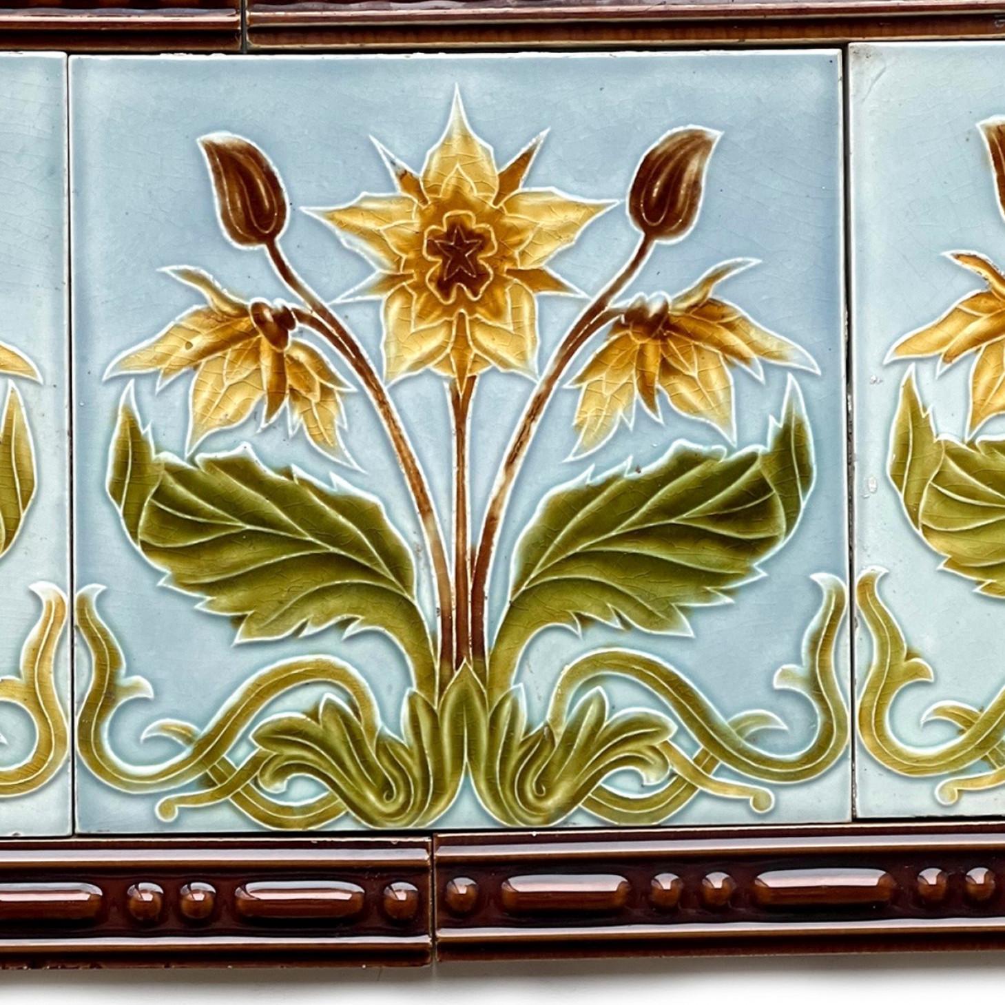 Ceramic 1 of the 44 Blue and Yellow Jugendstil Relief Tiles, circa 1920 For Sale