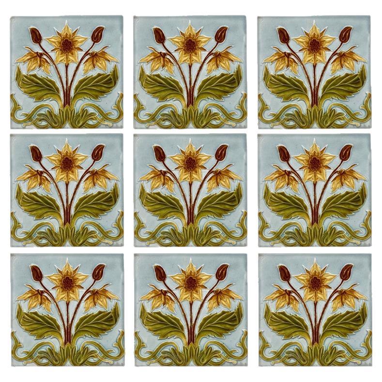 1 of the 44 Blue and Yellow Jugendstil Relief Tiles, circa 1920 For Sale