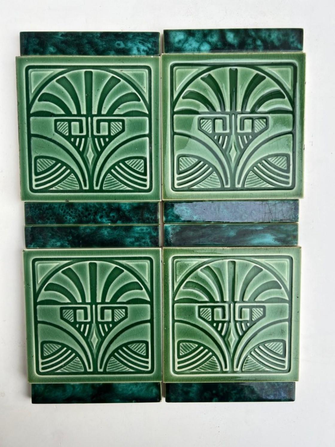 1 of the 45 Green Art Deco Glazed Relief Tiles by Deutsche Steingutfabrik, 1960s For Sale 4