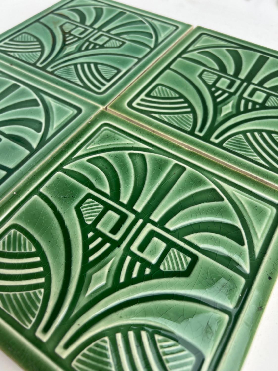 German 1 of the 45 Green Art Deco Glazed Relief Tiles by Deutsche Steingutfabrik, 1960s For Sale