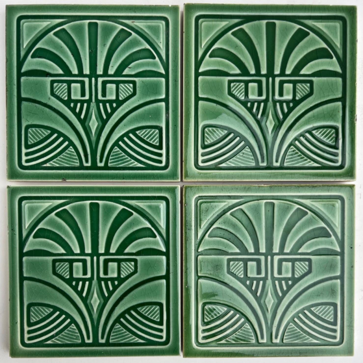 1 of the 45 Green Art Deco Glazed Relief Tiles by Deutsche Steingutfabrik, 1960s In Good Condition For Sale In Rijssen, NL