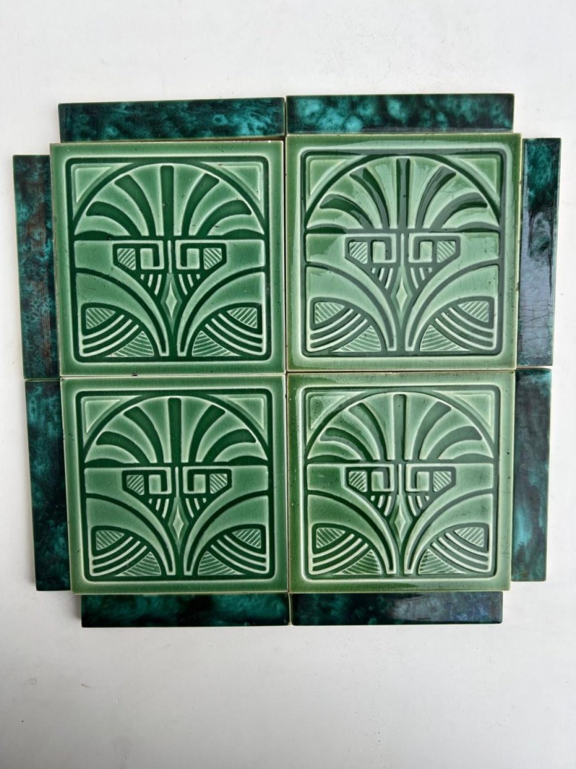 20th Century 1 of the 45 Green Art Deco Glazed Relief Tiles by Deutsche Steingutfabrik, 1960s For Sale