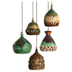 1 of the 5 Ceramic Green Brown Pendants, Denmark 1970