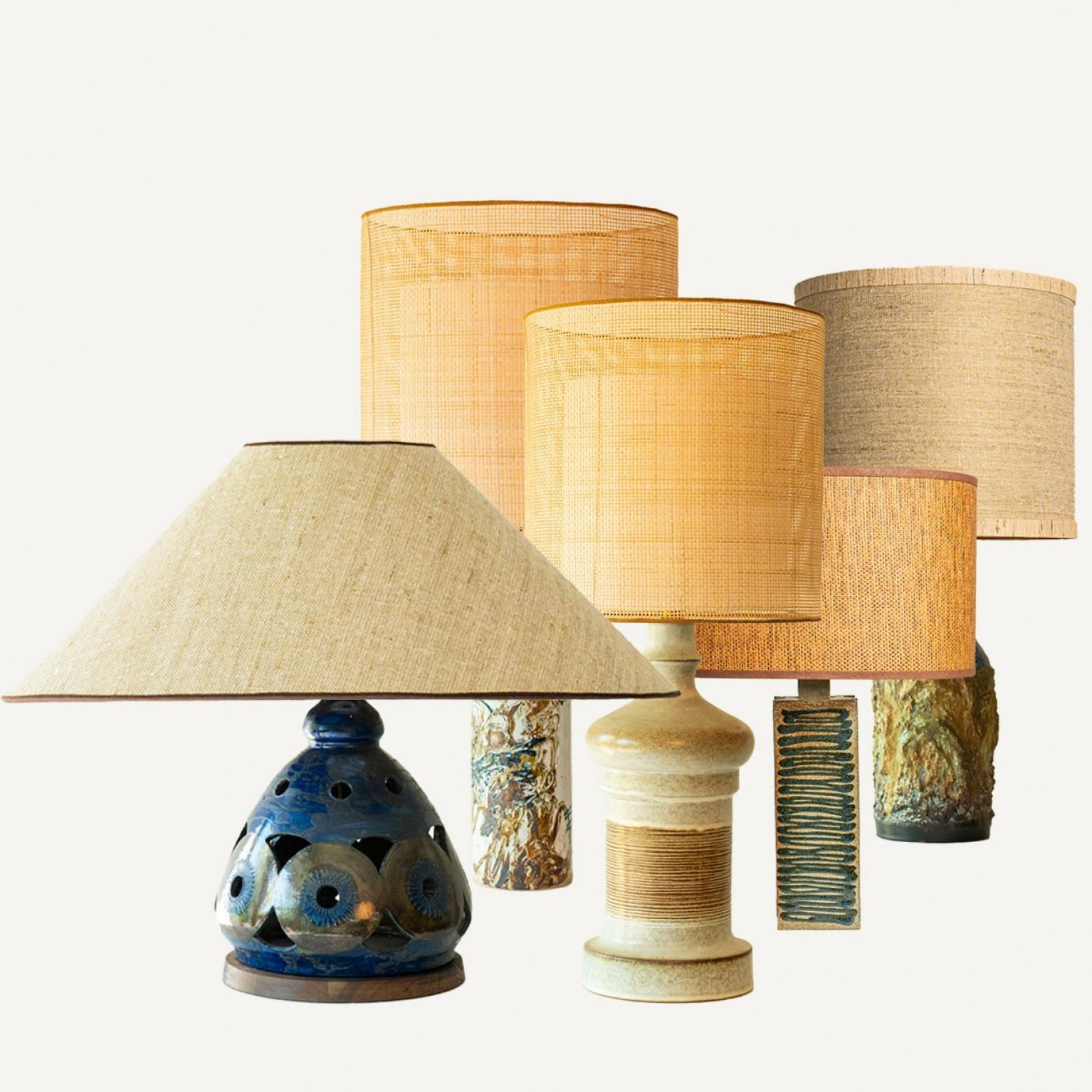 Danish 1 of the 5 Multicolor Ceramic Table Lamps, Custom Silk Lamp Shades by R. Houben For Sale