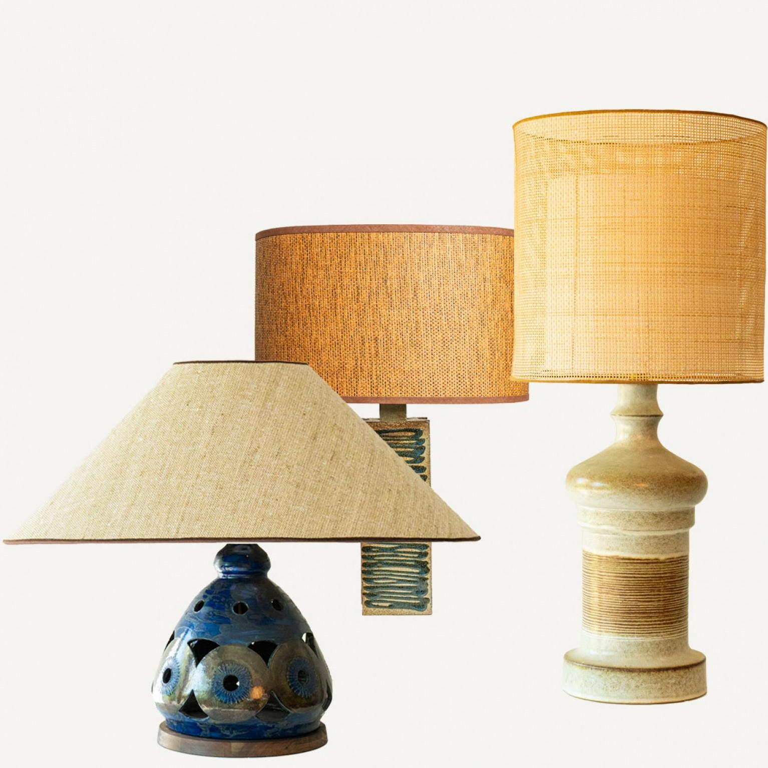 Late 20th Century 1 of the 5 Multicolor Ceramic Table Lamps, Custom Silk Lamp Shades by R. Houben For Sale