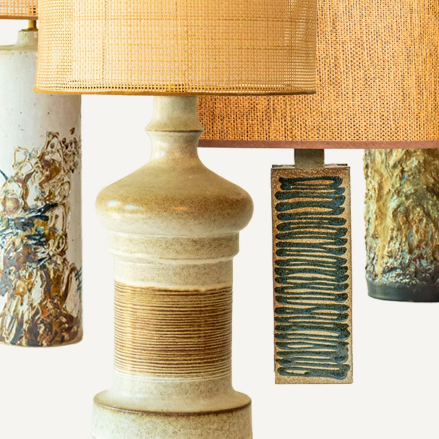 1 of the 5 Multicolor Ceramic Table Lamps, Custom Silk Lamp Shades by R. Houben For Sale 1