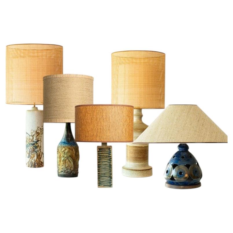 1 of the 5 Multicolor Ceramic Table Lamps, Custom Silk Lamp Shades by R. Houben For Sale