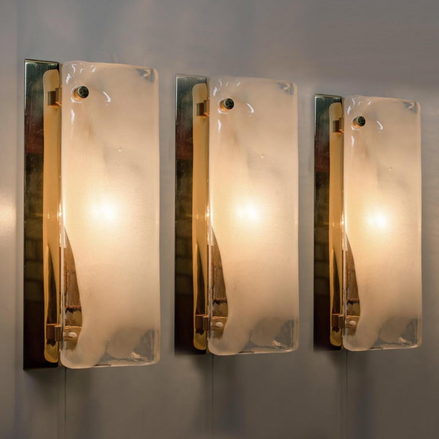 Mid-Century Modern 1 of the 5 Pairs of Brass and Hand Blown Murano Glass Wall Lights by J.T. Kalmar For Sale
