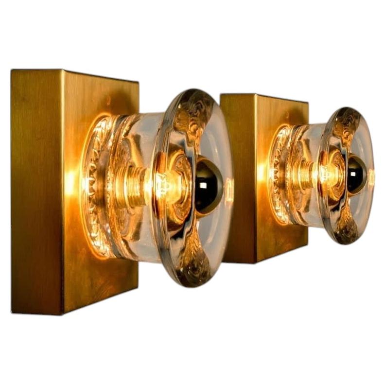 1 of the 5 Pairs Of Glass Brass Wall Sconces Flush Mounts Cosack Lights, 1970s