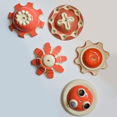 1 of the 5 Red Ceramic Lamps, Rosettes by Jeanine Keizer, 1990
