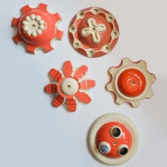 1 of the 5 Red Ceramic Lamps, Rosettes by Jeanine Keizer, 1990