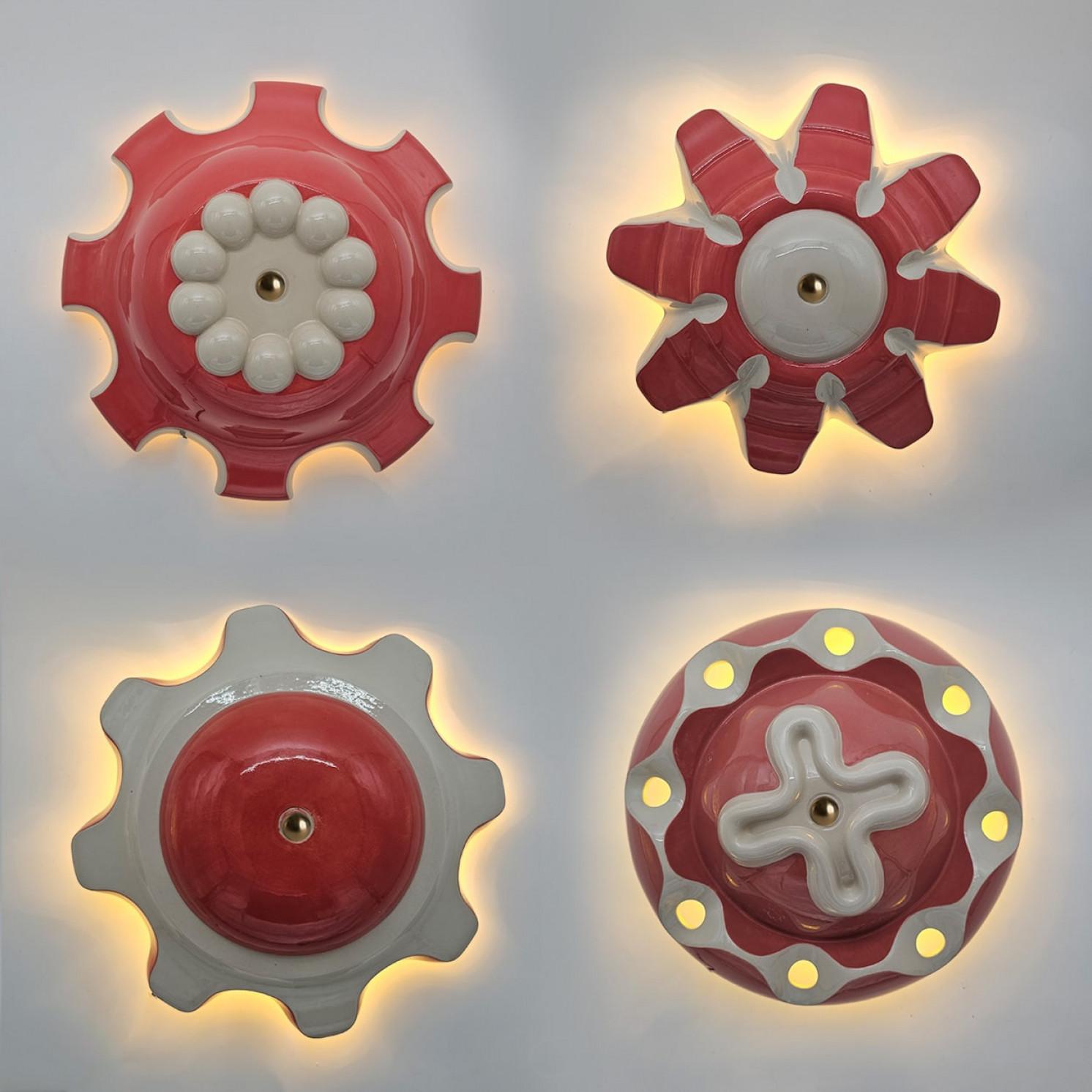 1 of the 5 Red Ceramic Lamps, Rosettes by Jeanine Keizer, 1990 For Sale 1