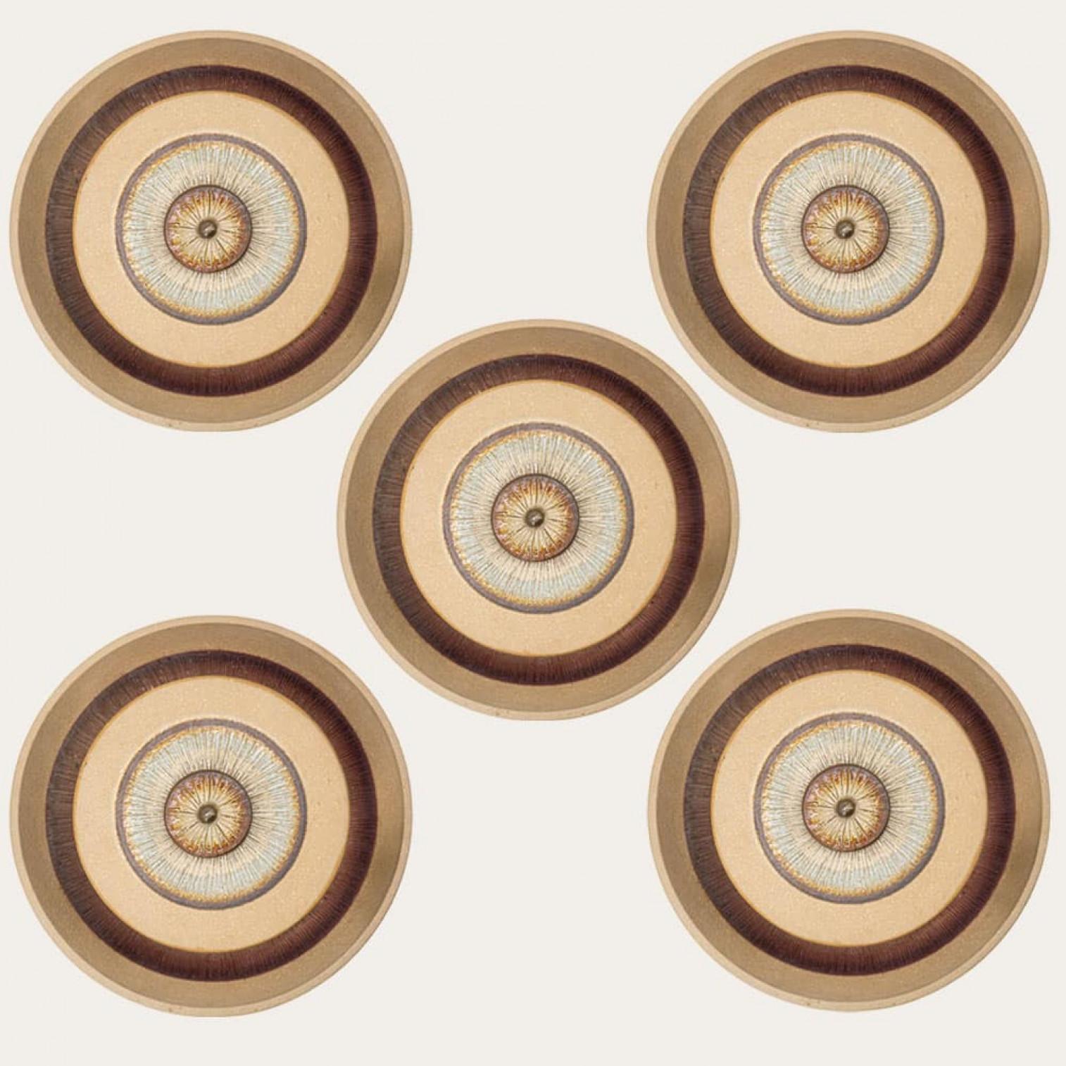 Espectaculares apliques circulares de cerámica con bonitos detalles. Fabricado por Soholm en Dinamarca en la década de 1970.

Ten en cuenta que el precio es por una pieza, tenemos cinco piezas disponibles.

Limpio, bien cableado y listo para