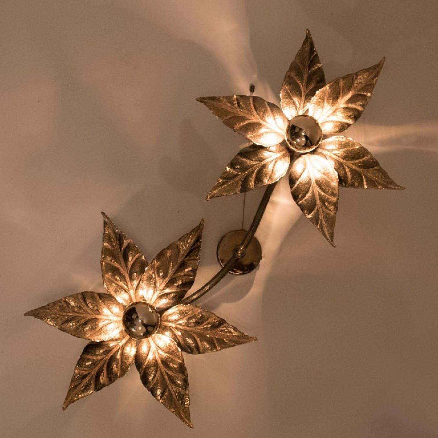 1 of the 5 Willy Daro Style Brass Double Flower Wall Lights, 1970s For Sale 9