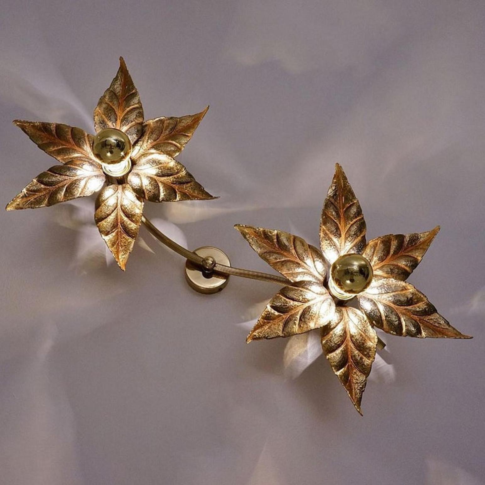 German 1 of the 5 Willy Daro Style Brass Double Flower Wall Lights, 1970s For Sale
