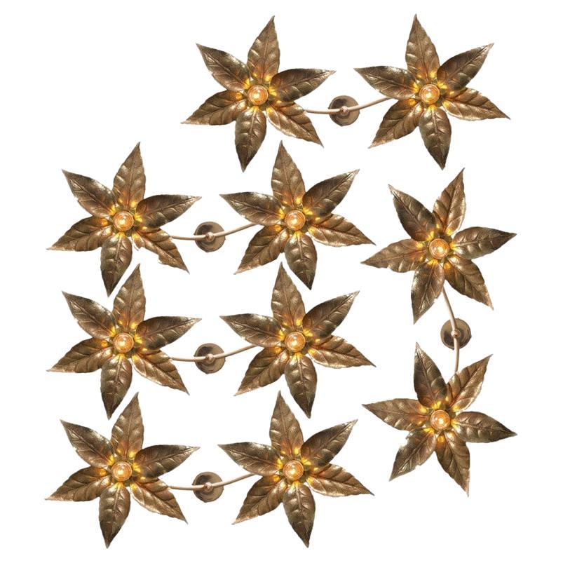 1 of the 5 Willy Daro Style Brass Double Flower Wall Lights, 1970s