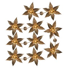 Retro 1 of the 5 Willy Daro Style Brass Double Flower Wall Lights, 1970s