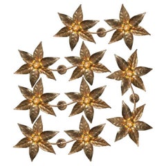 Retro 1 of the 5 Willy Daro Style Brass Double Flower Wall Lights, 1970s
