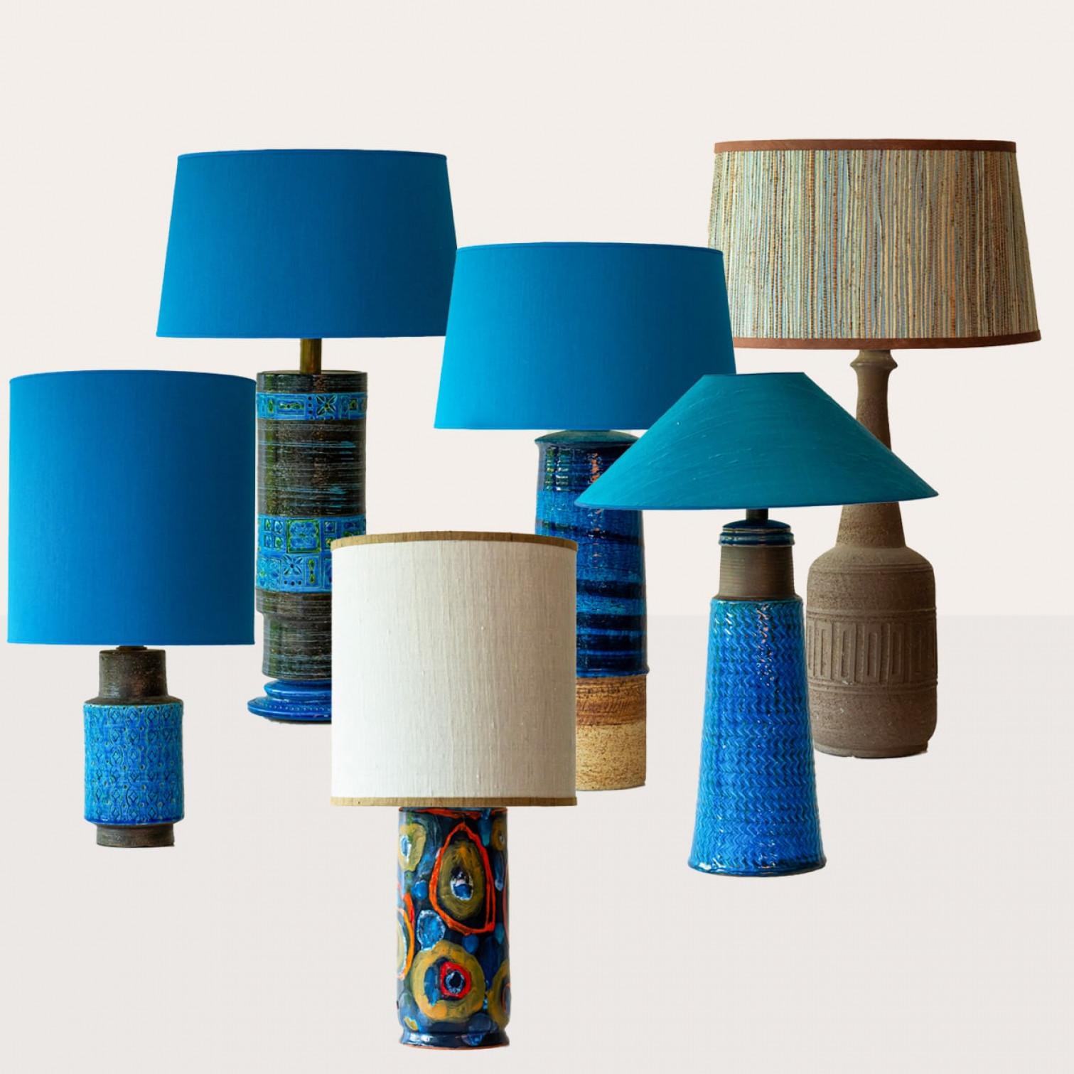 1 of the 6 ceramic table lamps, most lamps are made by Bitossi, other ones are in the style of Bitossi.

This set brings a rich visual appeal to any interior. With its beautiful shapes, it offers a unique presence.

The bases with various blue and