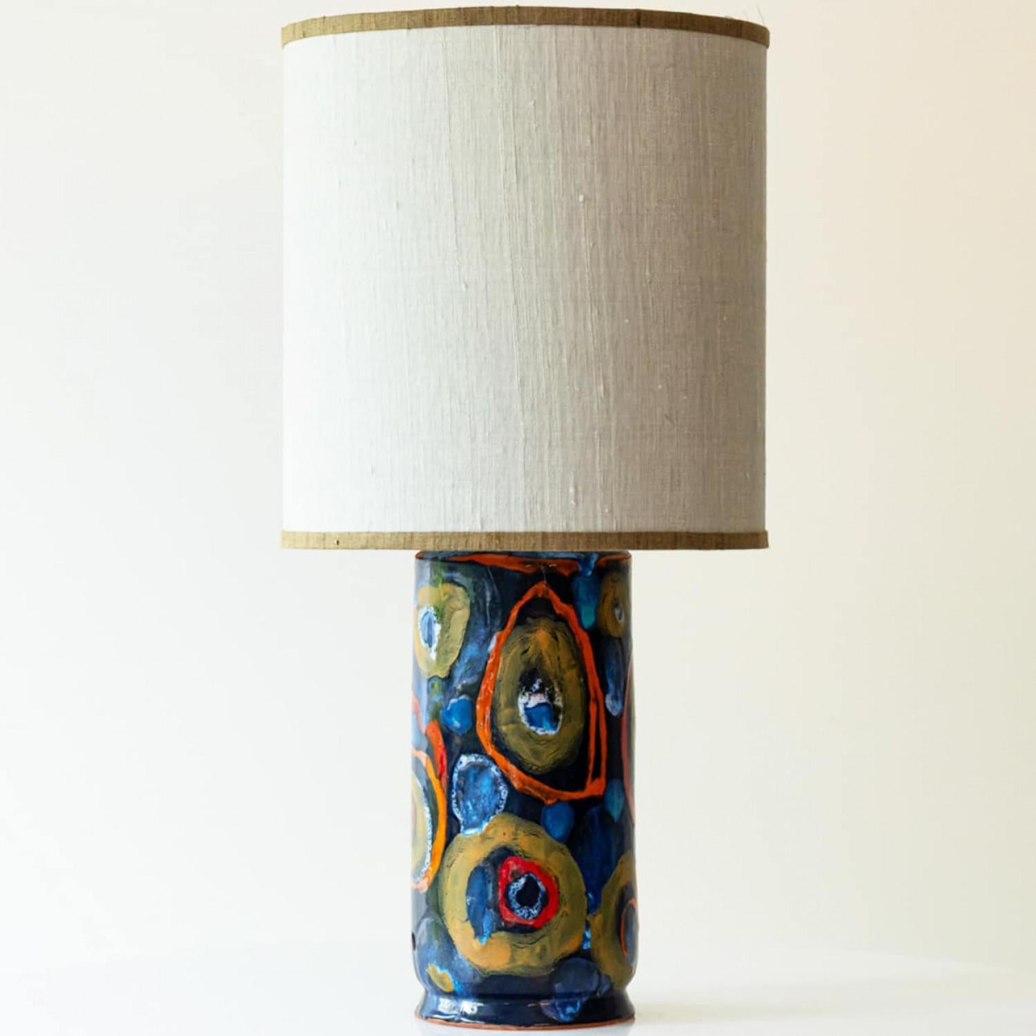 Brutalist 1 of the 6 Bitossi Lamps, Custom Silk Lamp Shades by R. Houben For Sale
