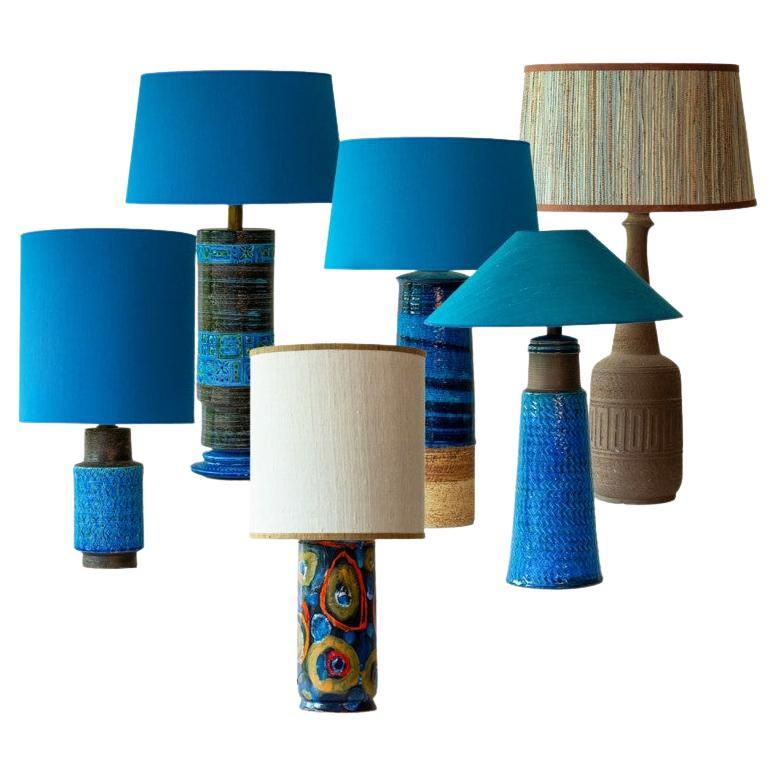 1 of the 6 Bitossi Lamps, Custom Silk Lamp Shades by R. Houben For Sale