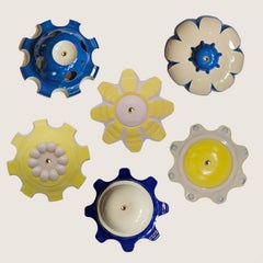1 of the 6 Blue and Yellow Ceramic Lamps, Rosettes by Jeanine Keizer, 1990