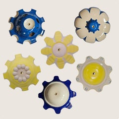 1 of the 6 Blue and Yellow Ceramic Lamps, Rosettes by Jeanine Keizer, 1990