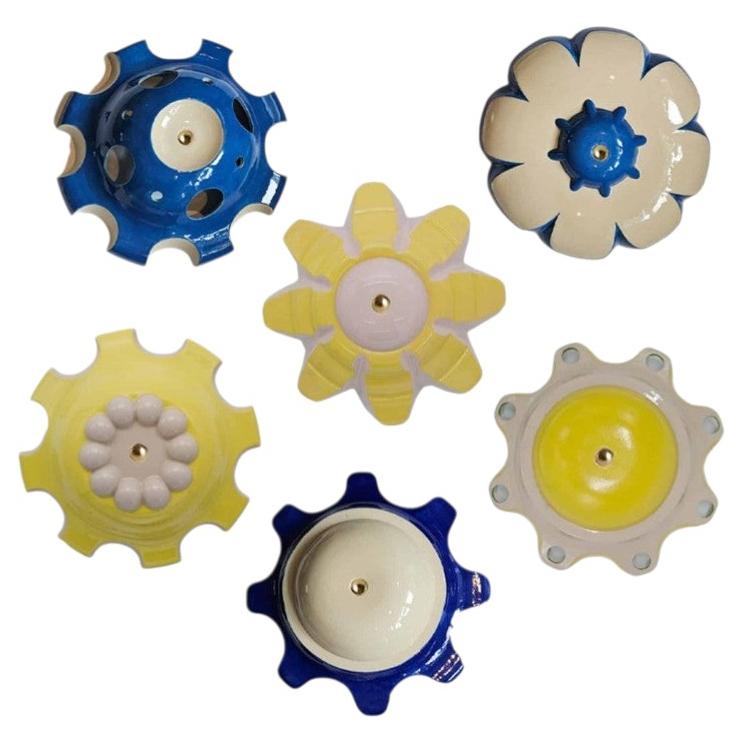 1 of the 6 Blue and Yellow Ceramic Lamps, Rosettes by Jeanine Keizer, 1990 For Sale