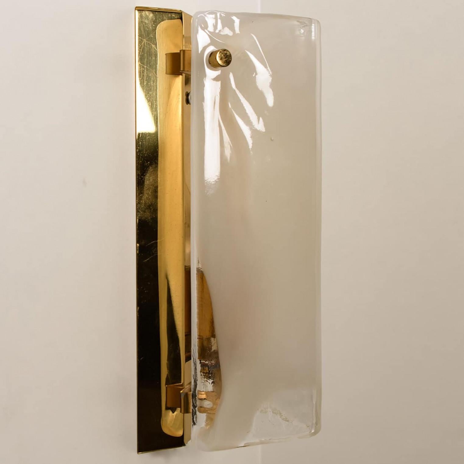 Laiton 1 of the 6 Brass and Opal Clear Glass Wall Lights by J.T. Kalmar, 1960s en vente