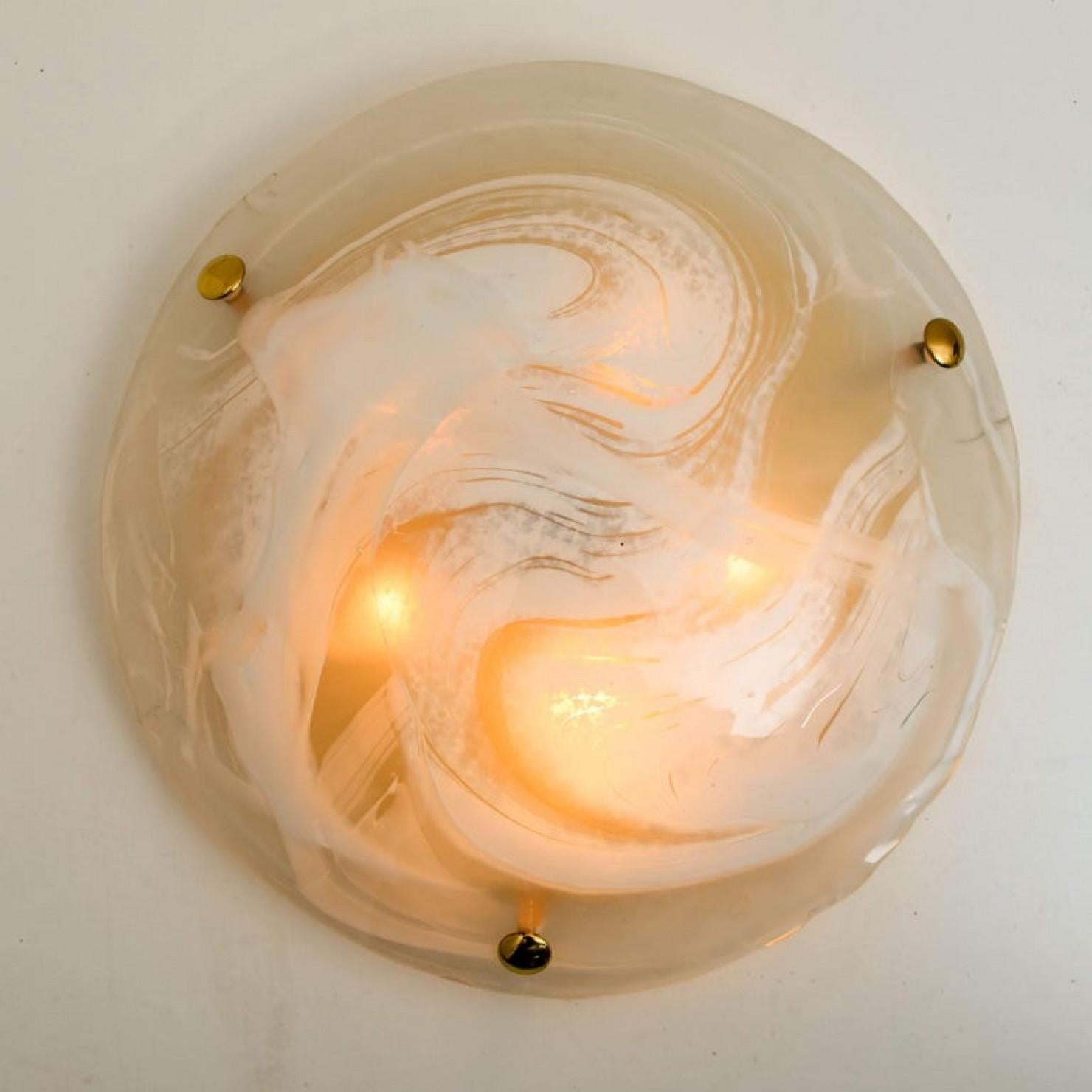 Mid-20th Century 1 of The 6 Brass Massive Murano Glass Wall Lights or Flush mounts, Two Sizes For Sale