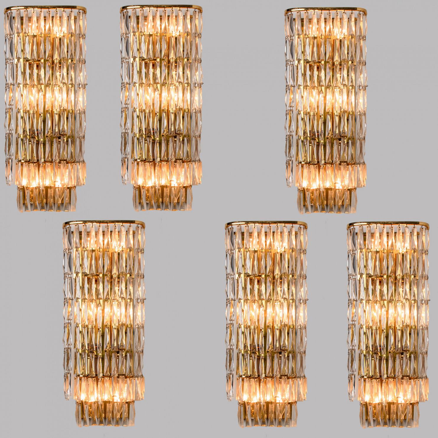 Art Deco 1 of the 6 Clear Gold, Glass Messing Crystal Wall Lights, Bakalowits, 1970 For Sale
