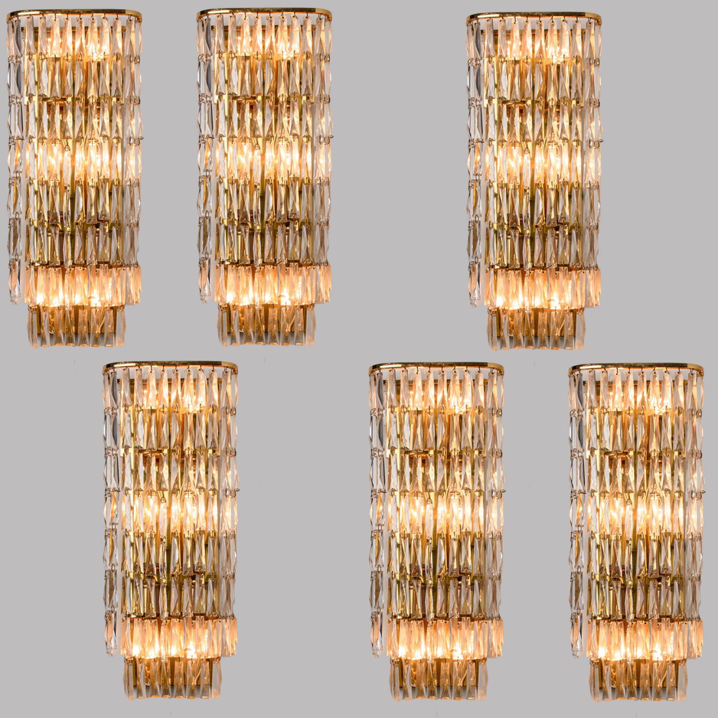 Austrian 1 of the 6 Clear Gold, Glass Messing Crystal Wall Lights, Bakalowits, 1970 For Sale