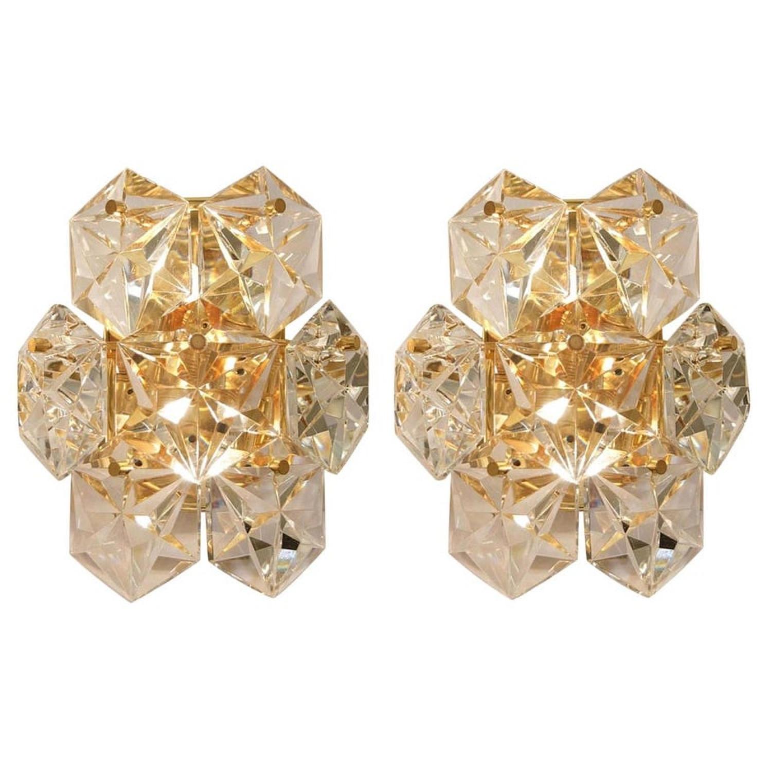 Mid-Century Modern 1 of the 6 Faceted Crystal and Gilt Sconces by Kinkeldey, Germany, 1970s For Sale