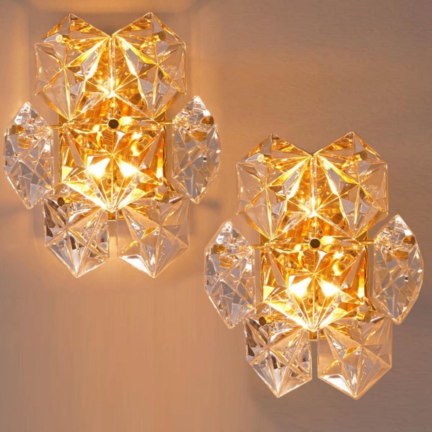 Gold Plate 1 of the 6 Faceted Crystal and Gilt Sconces by Kinkeldey, Germany, 1970s For Sale